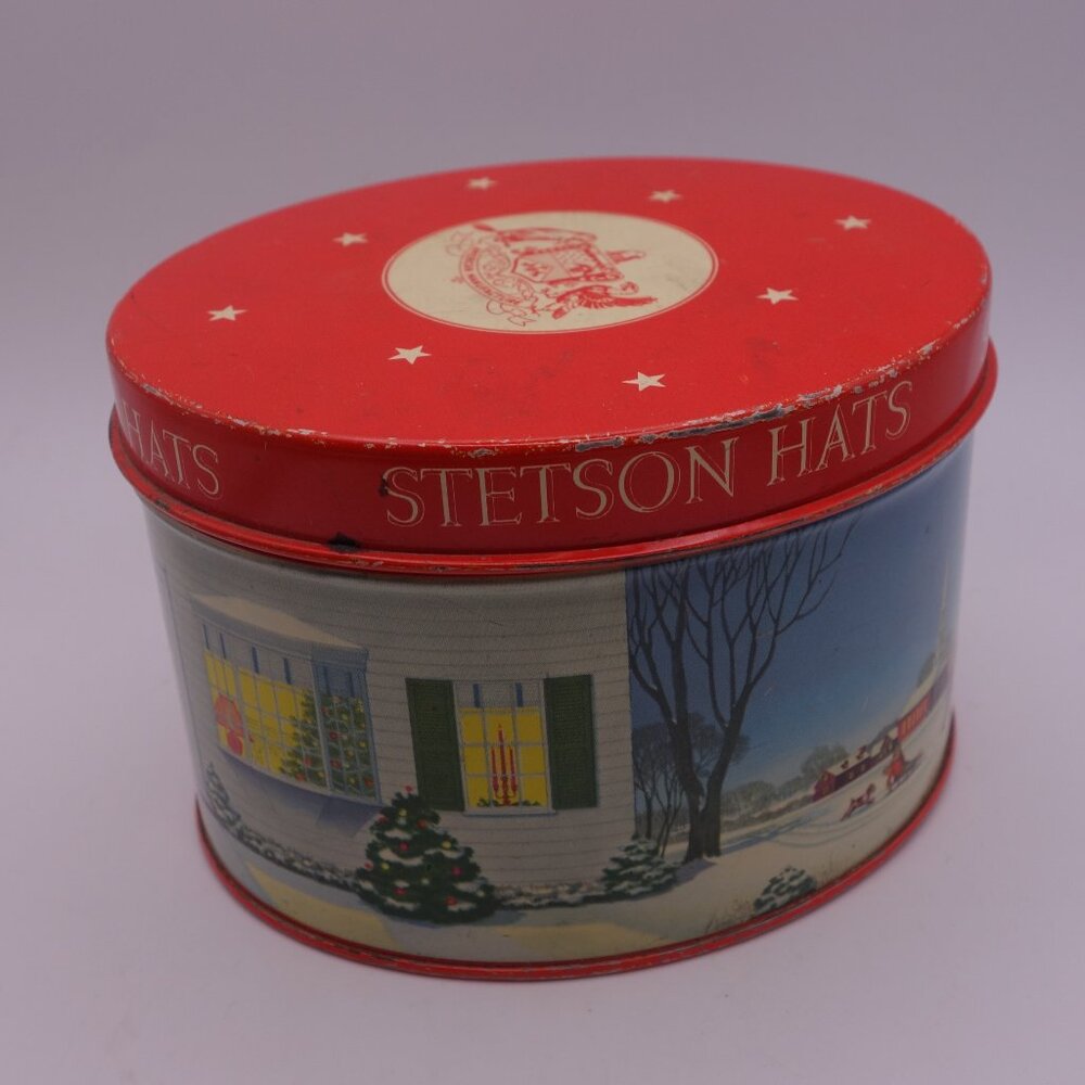 Vintage Stetson Hat Made in U.S.A. Christmas Scene Tin